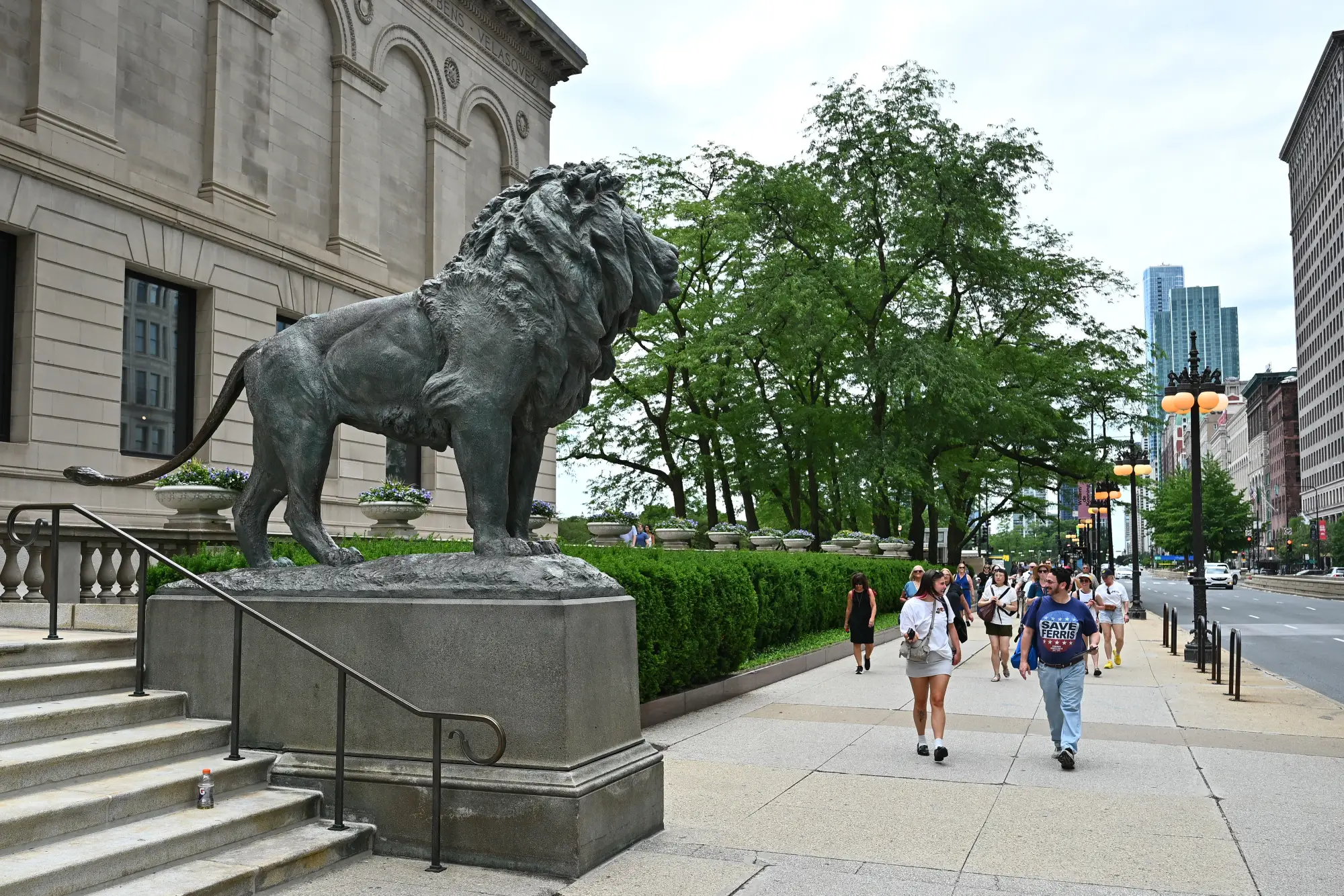 lion statue in front of museum in chicago